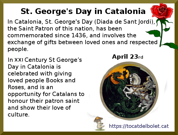 Diada de Sant Jordi explicació en anglès
Saint George day in Catalonia explained
